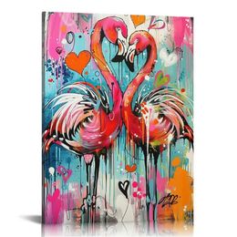 Flamingo Wall Art Banksy Graffiti Pictures Wall Decor Love Pink Flamingo Canvas Painting Home Decoration Artwork for Bathroom Bedroom Living Room Office Framed