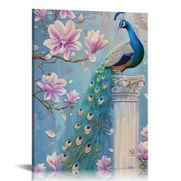 Canvas Wall Art, Retro Peacock with Flowers Wall Decorations for Bedroom Living Room Framed Canvas Paintings for Porch, Farmhouse Wall Decor Ready to Hang