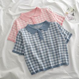 Women's Polos Polo Collar Plaid Shirt Female Colourful Summer Short-sleeved Sweet Kawaii Student Casual Top Daily Street Clothing Knitted