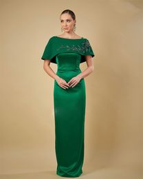 Green Beading Straight Evening Dresses with Cape O-Neck Long Formal Gown Floor Length Satin Vestidos de Novia