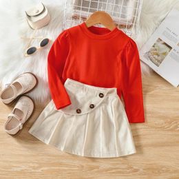 Clothing Sets Matching Outfits Toddler Kids Baby Girls Long Sleeve Red T Shirt Tops Button Pleated Skirts 2PCS Princess 3 Piece Set