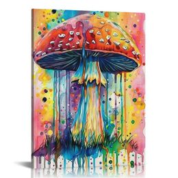 Mushroom Canvas Wall Art, Colourful Mushrooms Watercolour Painting Picture Aesthetic Botanical Abstract Graffiti Poster Print for Kitchen Bedroom Decor