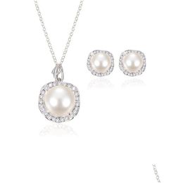 Earrings & Necklace Women Wedding Pearl Pendant Stud Set For Ladies Crystal Faux Fake Jewellery Bride Bridesmaid Engagement Gift Drop D Dhdfa