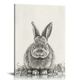 ウサギの動物プリント黒と白の肖像画額のキャンバスウォールアート
