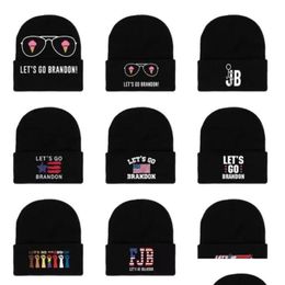 Party Hats Fast Lets Go Brandon Black Knitted Hat Winter Warm Letters Printed Fashion Cloghet Outdoor Sports Ski Cyclings Uni Beanie S Dhqyu