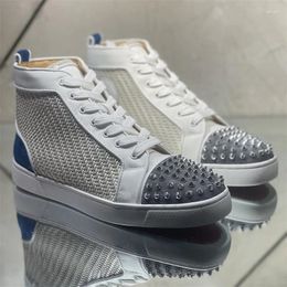 Casual Shoes High Top Star White Mesh Leather Toe Metal Rivets Red Soles Men Flats Loafers Wedding Sneakers Driving Cleats Women