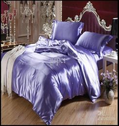 Purple Blue mulberry silk satin bedding set Luxury king size queen full twin duvet cover quilt bed sheet bedspread double bedsheet2709180