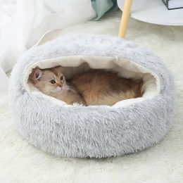 Pet Dog Cat Round Plush Bed Semi-Enclosed Cat Nest for Deep Sleep Comfort In Winter Cats Bed Little Mat Basket Soft Kennel