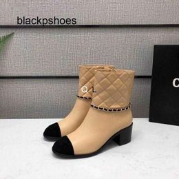 Channel CF Luxury Ankle Boots Chanells Classic Designer Lady Coco Booties Woman Fashion Motorcycle Boots Chunky Heel Embroidery Shoes Lambskin High Cut Sneaker