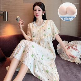 Women's Sleepwear Pajamas 2024 Summer Cloud Cotton Short Sleeved Nightwear With Chest Pads Sweet And Fresh Home Clothes Long Skirt