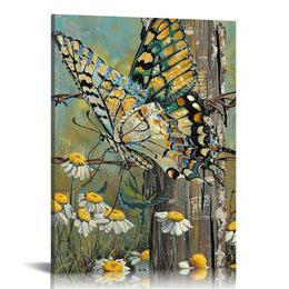 Just breathe Canvas Prints Wall Art Painting Canvas Picture, Beautiful butterfly, Yellow daisy, Landscape Canvas Painting Artwork Home Decor for Bedroom Living room
