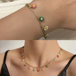 Necklace Earrings Set 2 Pcs Dopamine Color Flower Charm Bracelet Choker Gold Korean Bone Chain Pink Blue Yellw Jewelrys