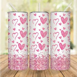 Water Bottles 1pc 20oz Pink Hearts Tumbler With Lid And Straw Stainless Steel Straight Bottle Insulated Cups Summer Drinkware