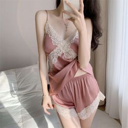 ice silk Pyjamas for women with highend feeling and chest cushion set summer sexy lace pure desire vneck suspender shorts twopiece set