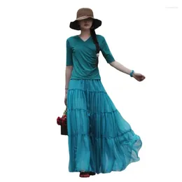 Skirts Chiffon Maxi 2024 Elastic Waist Retro Bohemian Summer Malachite Blue Colour Patchwork A-Line Long