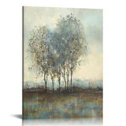 Green Abstract Canvas Wall Art: Modern Landscape Picture Contemporary Forest Painting Rustic Nature Scenery Vertical Tree Print Artwork for Living Room Bedroom