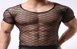 Men039s TShirts Sexy Mens Tshirts Fitness Super Thin O Neck Shapewear Transparent Mesh See Through Short Sleeve T Shirt Tops T1282307