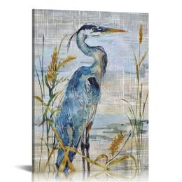 Animals Wall Art Abstract for Decor Rustic Yellow Blue Heron Bird Canvas Artwork Prints for Bedroom Living Room Office Walls