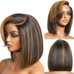 Brazilian Straight Short Bob Wigs Curly Styled Bangs Lace Frontal Human Hair Wigs Ombre Honey Blonde Coloured Lace Frontal Wig Preplucke Vqxr