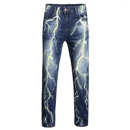 Men's Jeans And Style Digital Print Ripped Straight Tube Colour Contrast Slim Stretch Denim Pants Summer Thin Blue Jean