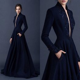 Navy Blue Satin Evening Dresses Embroidery Paolo Sebastian Dresses Custom Made Beaded Formal Party Wear Plunging V Neck Ball Gowns 2066