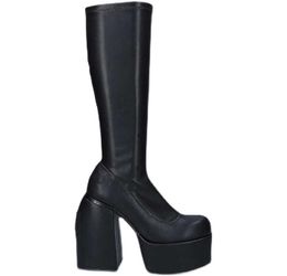 Punk Style Autumn Winter Boots Elastic Microfiber Shoes Woman Ankle High Heels Black Leather Boot Platform For Women 2112293664545