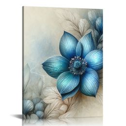 Blue Flower Wall Art,Navy Blue Floral Canvas Print Nature Scenery Wall Art for Living Room Bedroom Wall Painting Decoration Modern Artwork