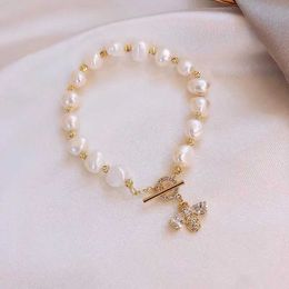 Charm Bracelets Korean Freshwater Pearl Beads Chain Bracelets For Women Fashion Bee Flower Charm Natural Pearl Bangle Girls Jewelry Gift