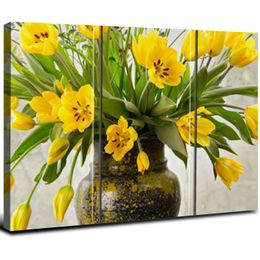 - Wall Art Green Spring Flowers żółte tulipany malowanie obrazu nadruk na płótnie zdjęcie kwiatowej domu nowoczesna dekoracja (gotowy do powieszenia)