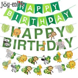 Banners Streamers Confetti Happy Birthday Jungle Party Decoration Cartoon Animal Bunting Banner Kids One Year 1st Garland Safari Baby shower d240528