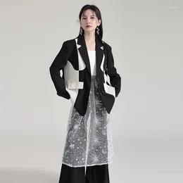 Women's Suits Tannt Women Blazer Colour Matching Black White Jacket Coats Vintage Fashion Loose For 2024