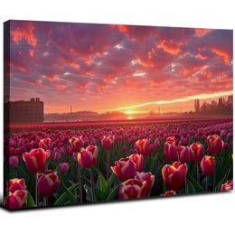 Canvas Wall Art Prints Picture Tulip field sunrise Framed Large Size Artwork Wall Painting Home Decor for Living Room Bedroom Ready to Hang