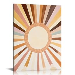 Boho Sun Wall Art Set av inramad duk väggkonst regnbåge sol stiger upp på horisonten geometriska naturillustrationer linje konstvägg, kontor, akvarell