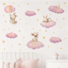 Wall Decor Kawaii Cartoon Bunny Pink Clouds Stars Watercolour Children Stickers Vinyl Nursery Wall Decals Kids Girls Baby Room Home Decor d240528