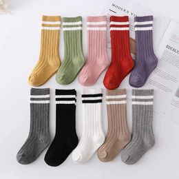 Kids Socks Cotton Baby Boys Girls Knee High Long Socks Classic White Stripes Solid Breathable Double Needle Children School Uniform Socks d240528