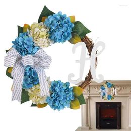 Decorative Flowers Blue And White Hydrangea Wreath Garland Front Door Artificial Flower With Bow Realistic Multifunctional Floral