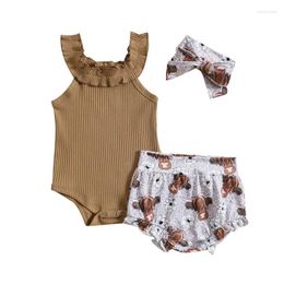 Clothing Sets Baby Girls 3PCS Romper Solid Colour Ribbed And Floral Cattle Head Print Shorts Summer Outfit With Headband