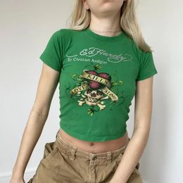 Skeletons Graphic Print Gothic Streetwear Green Crop Top Casual Womens Grunge T-Shirt Y2k Clothes Punk Slim Emo girl Baby Tee 240527