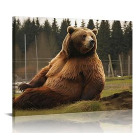 Canvas Print Wall Art Brown Bear Sits in Forest Field Animals Wilderness Photography Modern Art Rustic Scenic Relax/Calm Multicolor for Living Room, Bedroom, Office