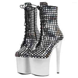 Boots Jialuowei 8 Inch Super High Heel Platform Ankle Sequin Mesh Grid Ladies Nightclub Pole Dance Party Shoes