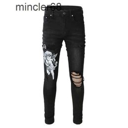 Mens Slim Fit Hollow Frayed Hole Jeans Printing Letters Angel Pattern Printed Skinny Denim Pants Trousers Male