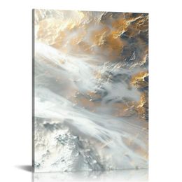 Abstract Wall Art Grey and Gold Clouds Paintings Smoke Wall Decor Textured Poster Modern Artwork Picture Canvas Print,Framed for Living Room Bedroom Bathroom