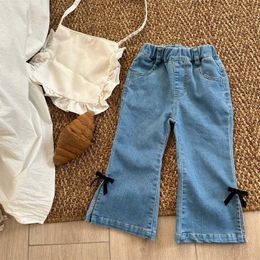 Jeans Jeans Deer Jonmi 2024 New Spring Baby Girls Flash Jeans Bow Korean Childrens Denim Pants Elastic Trousers WX5.27