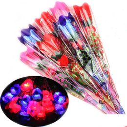 Decorative Flowers Wreaths Valentines Day Party Supplies Led Colorf Cloth Rose Flower Luminous Flashing Wand Stick Decoration Bouq Dhyhx
