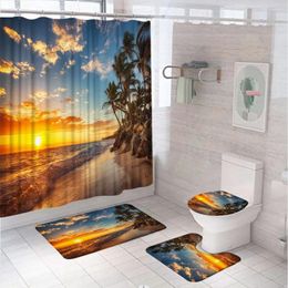 Shower Curtains 4Pcs Tropical Beach Sunset Glow Curtain Sets Scene Ocean Palm Trees Sea Waves Bathroom Bath Mat Rug Toilet Cover