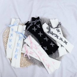 Women Socks Knee Protection Costume Accessories Lolita Bow Bandage Plaid Knitted Jk Hosiery Foot Cover Wool