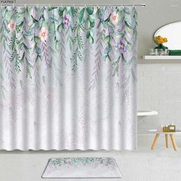 Shower Curtains 2Pcs Plant Watercolour Flowers Curtain Green Vine Leaves Retro Floral Birds Bathroom Non-Slip Bath Mat Decor Set