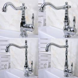 Kitchen Faucets Polished Chrome Brass Deck Mount Bathroom Faucet Single Handle 360 Rotate Basin Sink Mixer Taps