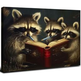 Fun Raccoon Trio Reading Book Canvas Wall Art
