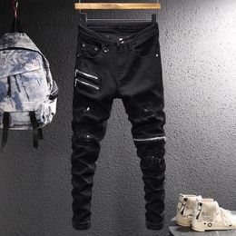 Men's Jeans Streetwear Fashion Men Black Stretch Skinny Fit Patched Ripped Punk Trousers Zipper Designer Hip Hop Denim Pants
